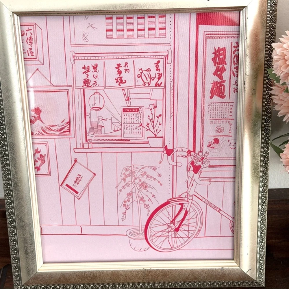 Japanese Kyoto City Bicycle Pink Drawing Canvas Art Print Silver Framed Art